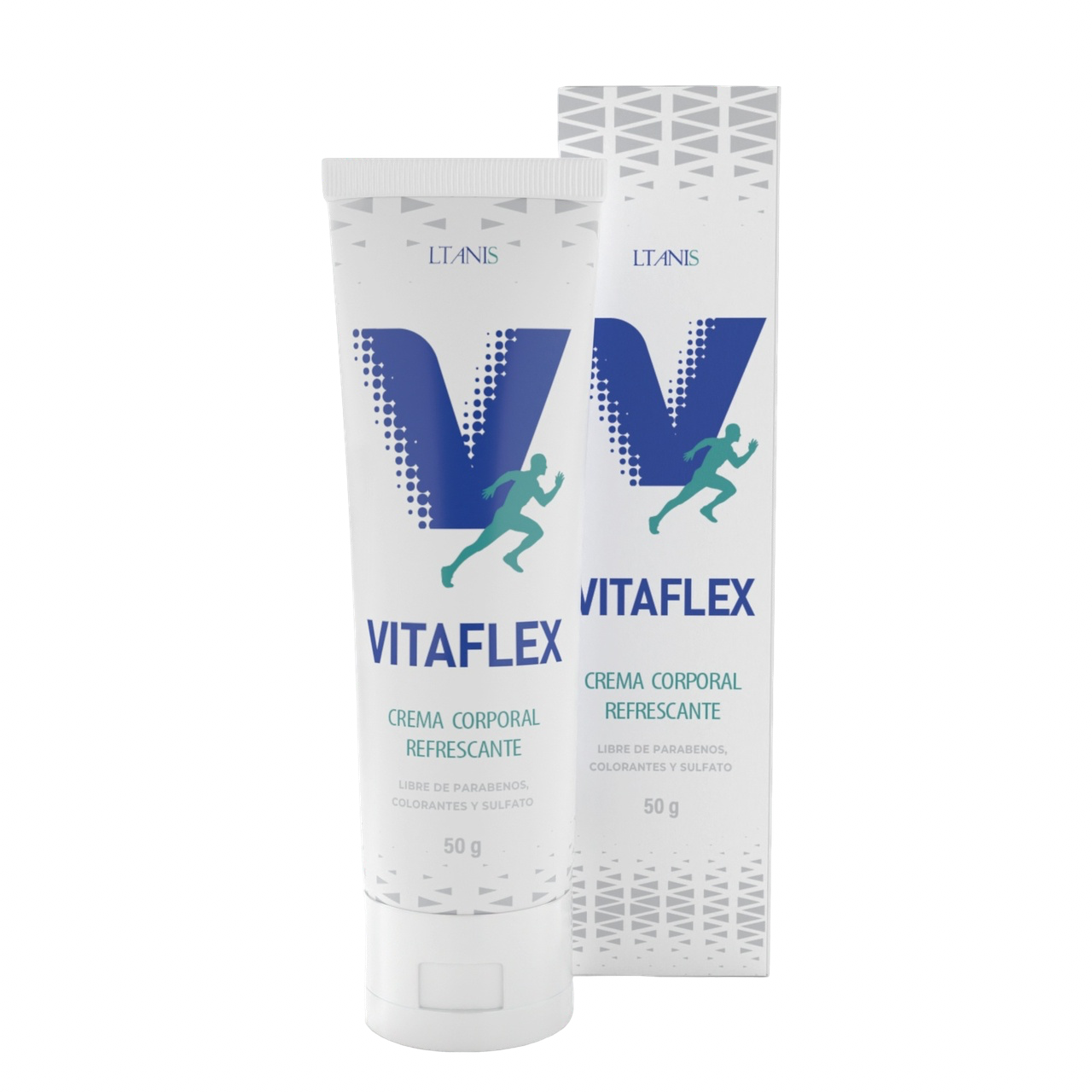 Frasco y caja de Vitaflex, crema corporal refrescante