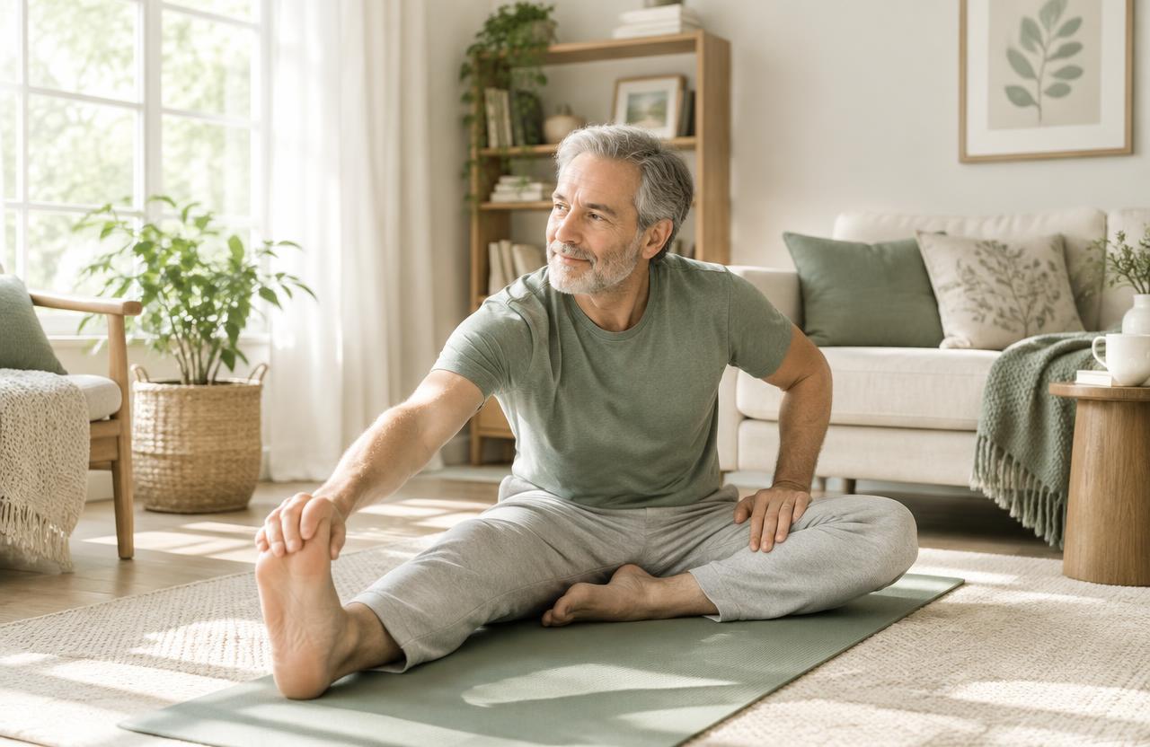 Hombre estirando suavemente en casa